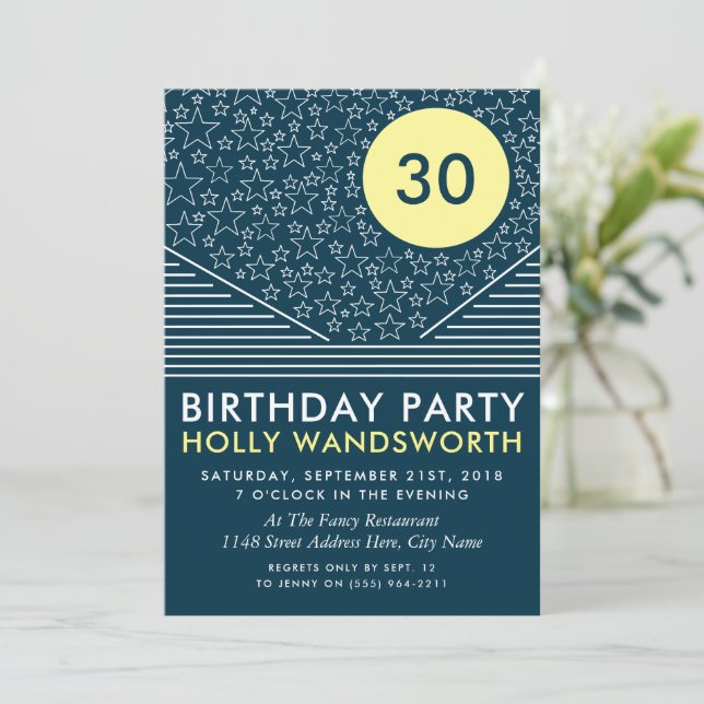 Moon and Stars, Modern Birthday Party Invitation (Standing Front)