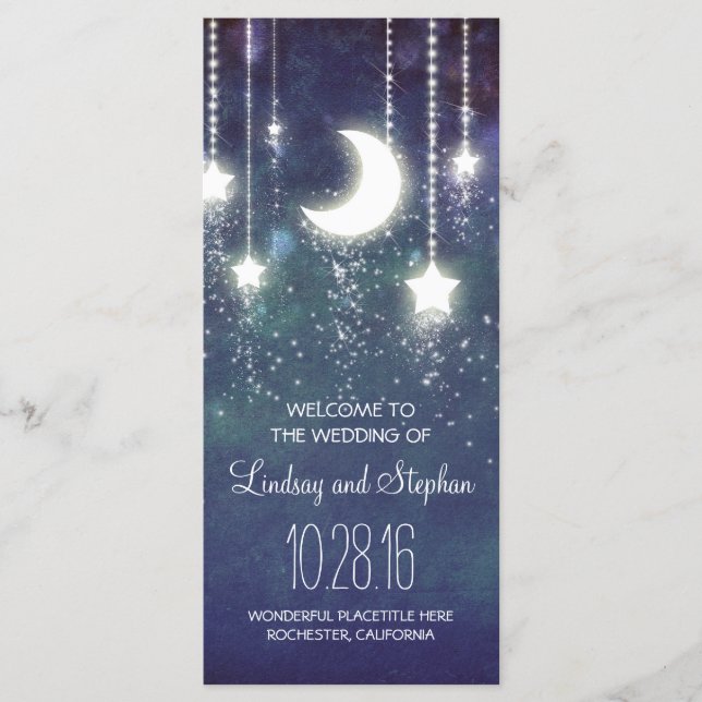 moon and stars navy wedding program programme (Front)
