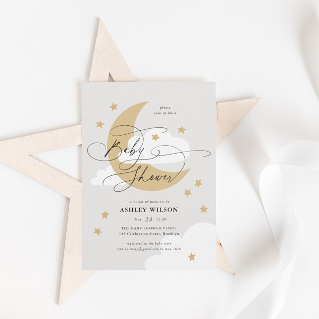 Moon and Stars Neutrals Elegant Script Baby Shower Invitation (Creator Uploaded)