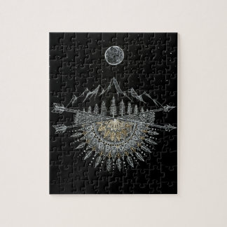 Moon and Stars Night Sky Mountain Range Mandala Jigsaw Puzzle