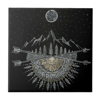 Moon and Stars Night Sky Mountain Range Mandala Tile