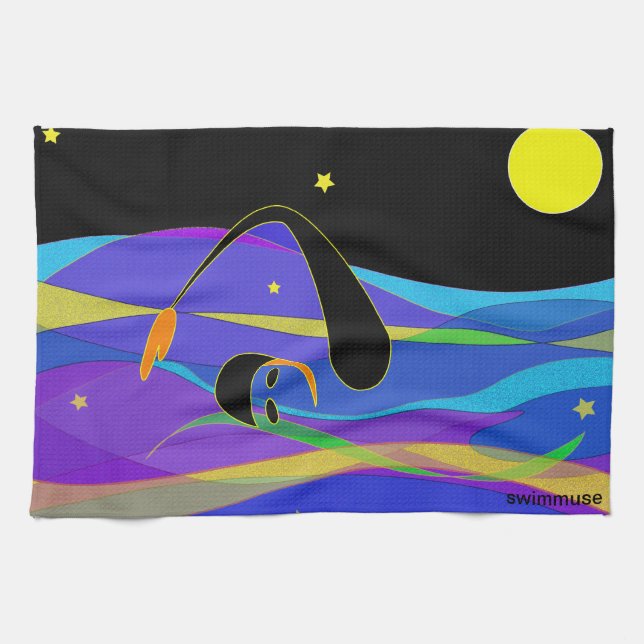 Moon and Stars Night Swimmer Tea Towel (Horizontal)