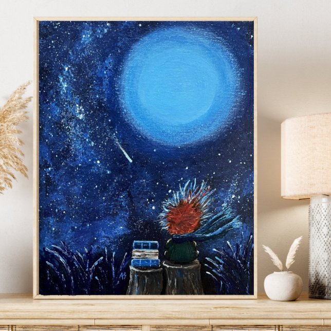 Moon and Stars Painting Navy Blue Reading Fine Art Poster (Creator Uploaded)