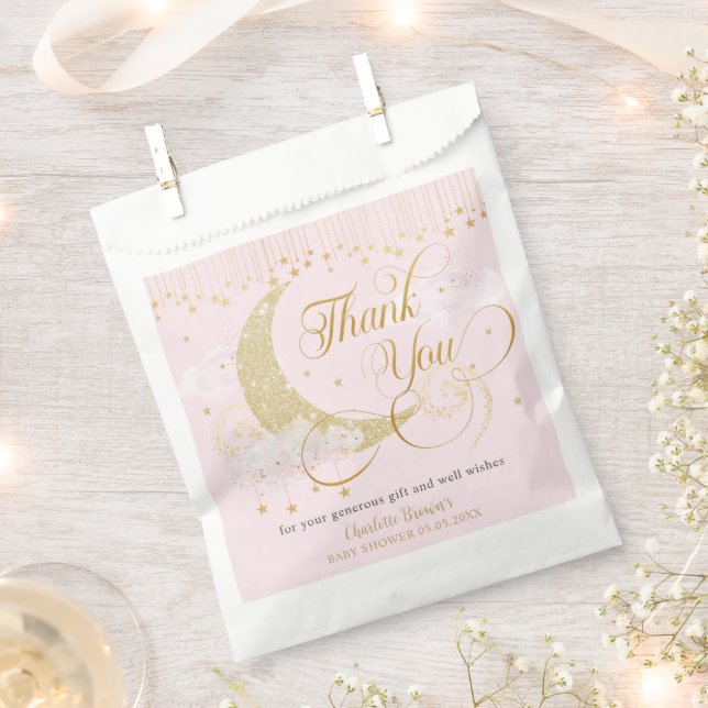 Moon and Stars Pastel Pink Baby Shower Thank You Favour Bags (Clipped)
