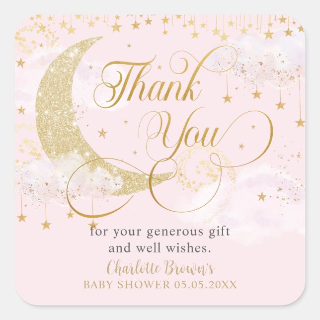 Moon and Stars Pastel Pink Baby Shower Thank You Square Sticker (Front)