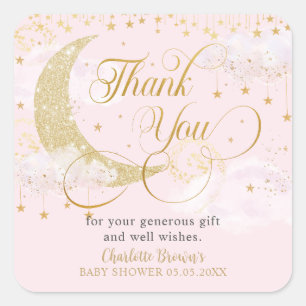 Moon and Stars Pastel Pink Baby Shower Thank You Square Sticker