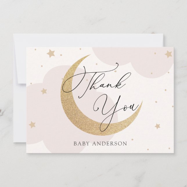Moon and Stars Pink and Gold Baby Shower Thank You Card (Front)