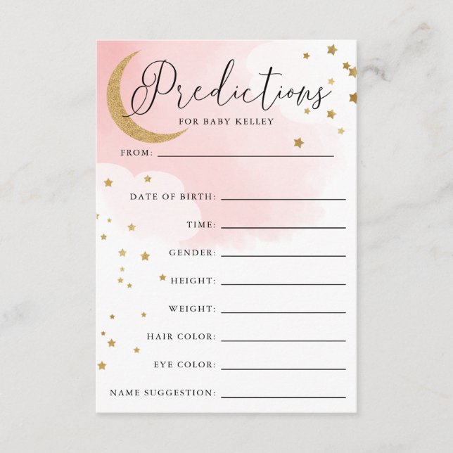 Moon and Stars Pink Baby Shower Prediction Card (Front)
