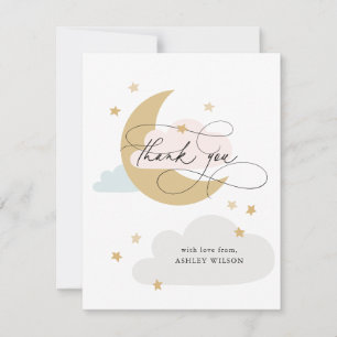 Moon and Stars Pink Blue Script Baby Shower Thank You Card