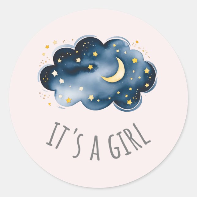 Moon and Stars Pink It's A Girl Baby Shower Classic Round Sticker (Front)
