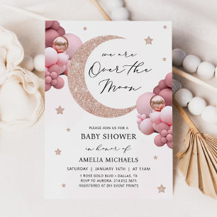 Moon And Stars Pink Over The Moon Baby Shower Invitation