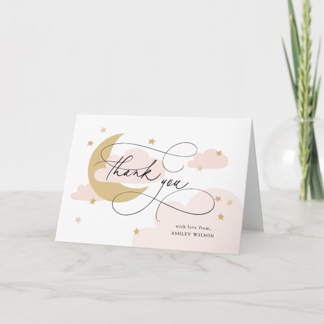 Moon and Stars Pink Script Baby Shower Thank You Card (Front)