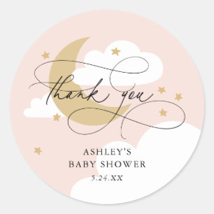 Moon and Stars Pink Script Baby Shower Thank You Classic Round Sticker