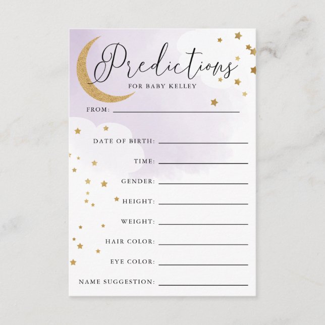 Moon and Stars Purple Baby Shower Prediction Card (Front)