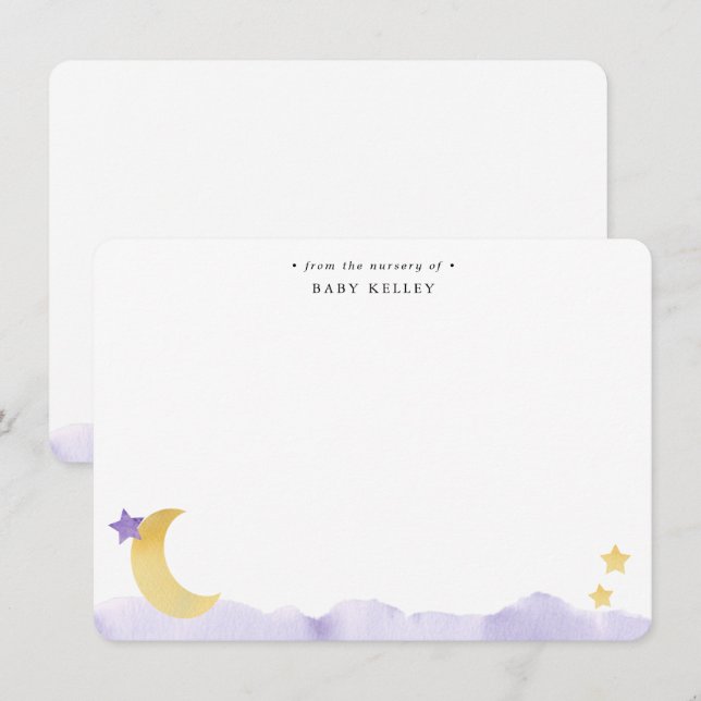 Moon and Stars Purple Watercolor Personalised Flat Card (Front/Back)