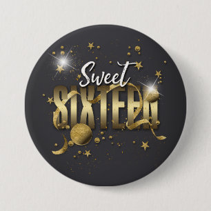 Moon and Stars Sweet 16 Gold/Blk ID788 7.5 Cm Round Badge