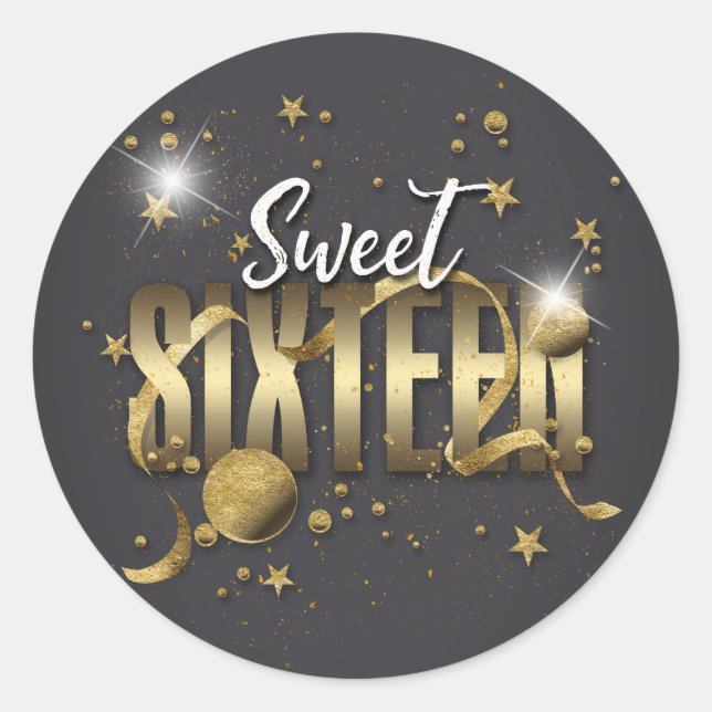 Moon and Stars Sweet 16 Gold/Blk ID788 Classic Round Sticker (Front)