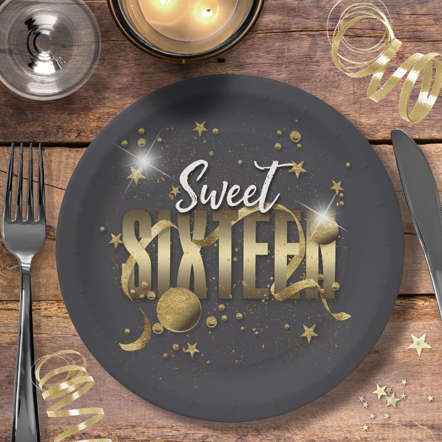 Moon and Stars Sweet 16  Gold/Blk ID788 Paper Plate (Creator Uploaded)