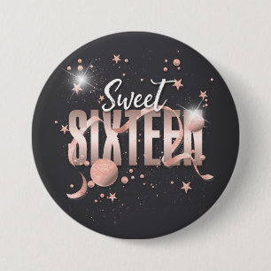 Moon and Stars Sweet 16 Rose Gold/Blk ID788 7.5 Cm Round Badge