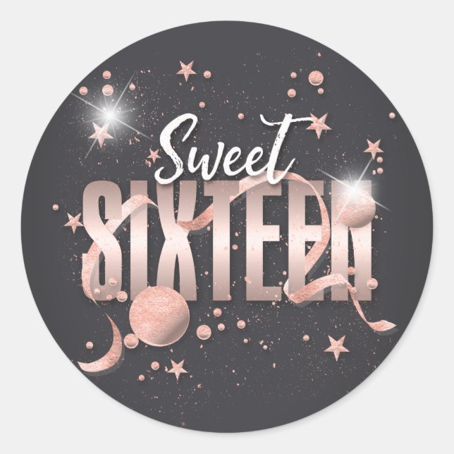 Moon and Stars Sweet 16 Rose Gold/Blk ID788 Classic Round Sticker (Front)