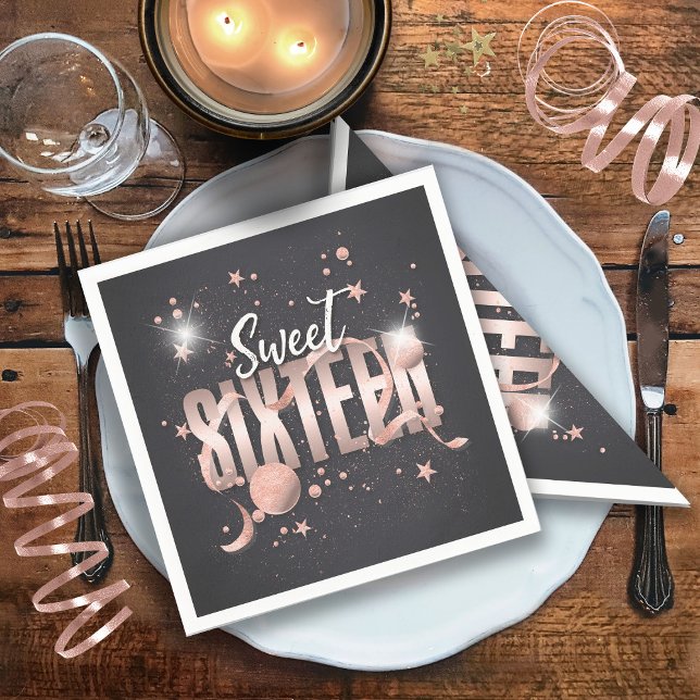 Moon and Stars Sweet 16 Rose Gold/Blk ID788 Napkin (Creator Uploaded)