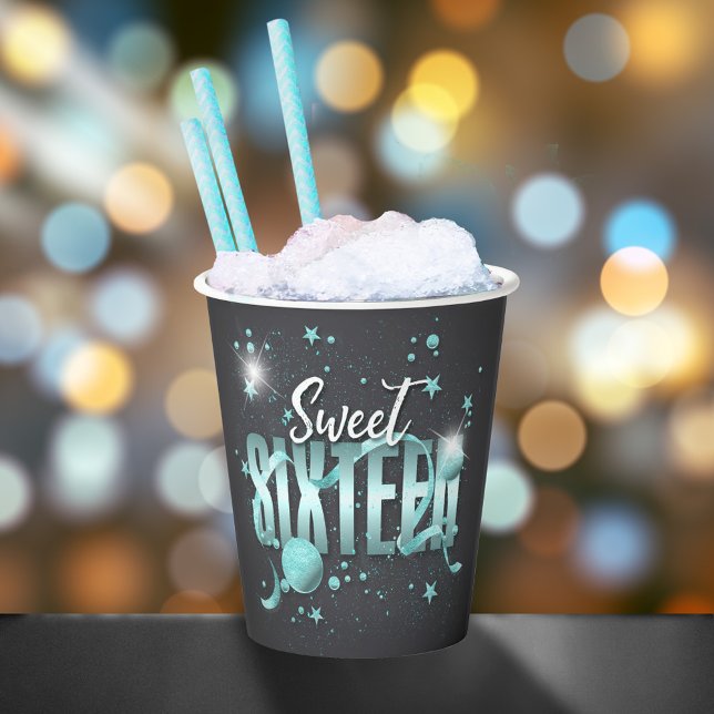 Moon and Stars Sweet 16 Teal/Blk ID788 Paper Cups (Creator Uploaded)