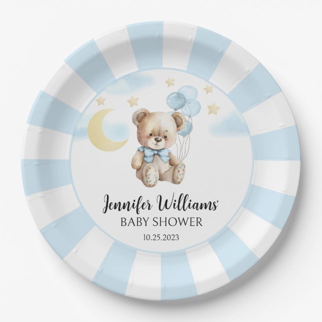 Moon and stars teddy bear baby shower paper plates (Front)