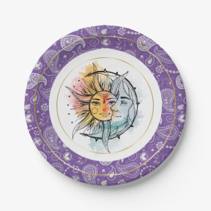 Moon and sun. Vintage style illustration. Violet Paper Plate