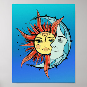 Moon and sun. Vintage style tattoo illustration Poster
