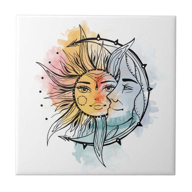 Moon and sun. Vintage style tattoo iluustration Tile (Front)