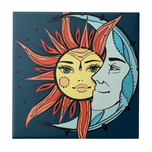 Moon and sun. Vintage style tattoo iluustration Tile (Front)