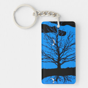 Moon and Tree, Cobalt Blue, Black & White Key Ring