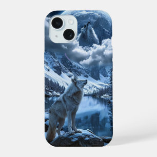 Moon and Wolf Night Sky Nature Night Landscape iPhone 15 Case