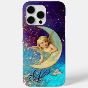 MOON ANGEL IN BLUE GOLD SPARKLES Monogram iPhone 15 Pro Max Case