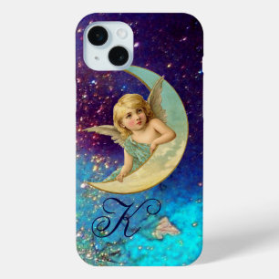 MOON ANGEL IN BLUE GOLD SPARKLES Monogram iPhone 15 Mini Case