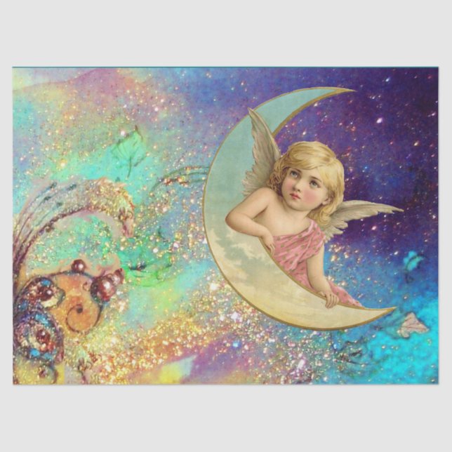 MOON ANGEL IN BLUE GOLD YELLOW FLORAL SPARKLES TISSUE PAPER (Front)