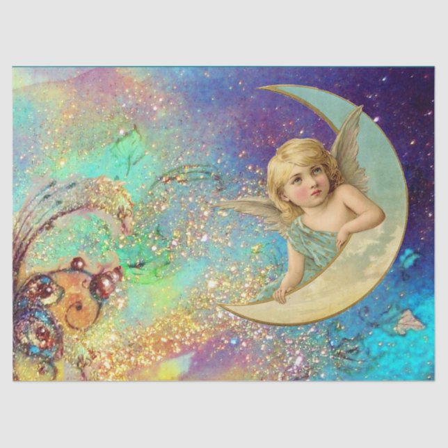 MOON ANGEL IN BLUE GOLD YELLOW FLORAL SPARKLES TISSUE PAPER (Front)