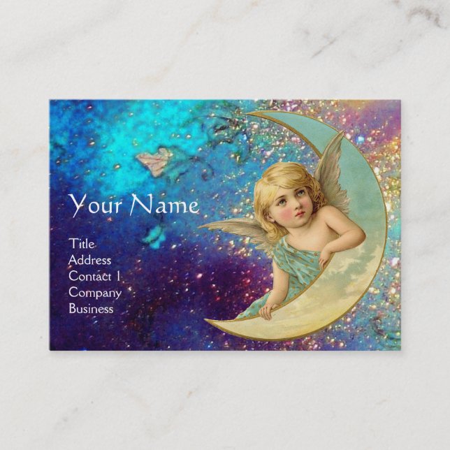 MOON ANGEL IN BLUE GOLD YELLOW SPARKLES BUSINESS CARD (Front)