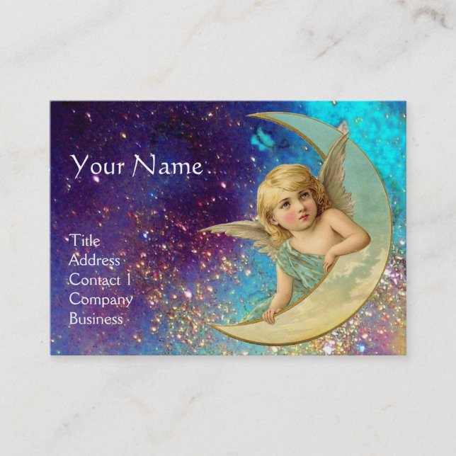 MOON ANGEL IN BLUE GOLD YELLOW SPARKLES MONOGRAM BUSINESS CARD (Front)