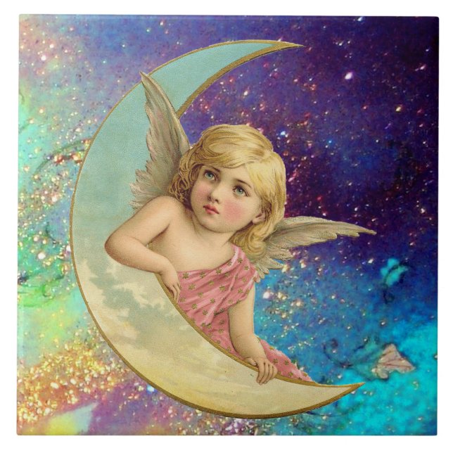 MOON ANGEL IN BLUE GOLD YELLOW SPARKLES TILE (Front)