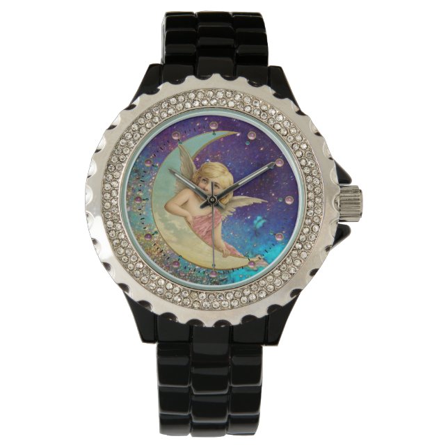 MOON ANGEL IN BLUE GOLD YELLOW SPARKLES WATCH (Front)