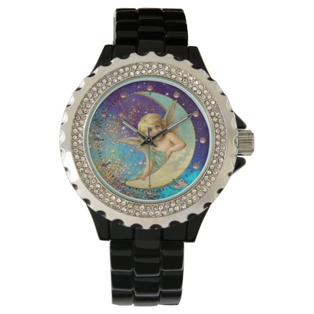 MOON ANGEL IN BLUE GOLD YELLOW SPARKLES WATCH (Front)