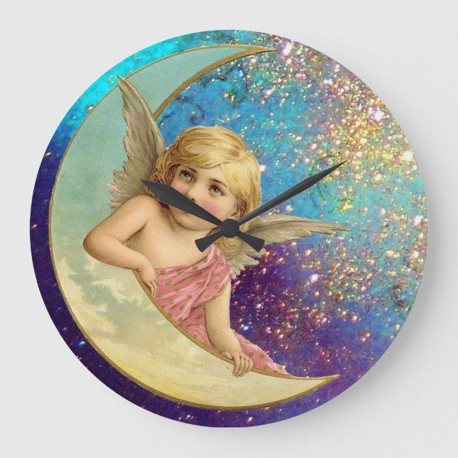 MOON ANGEL IN GOLD BLUE SPARKLES LARGE CLOCK (Front)