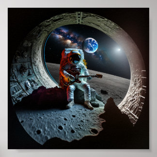 Moon astronaut playing guitar poster