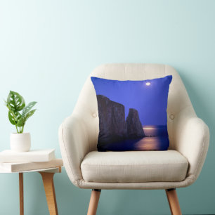 Moon At Dusk   Perce Rock Gaspe Coast Quebec Cushion