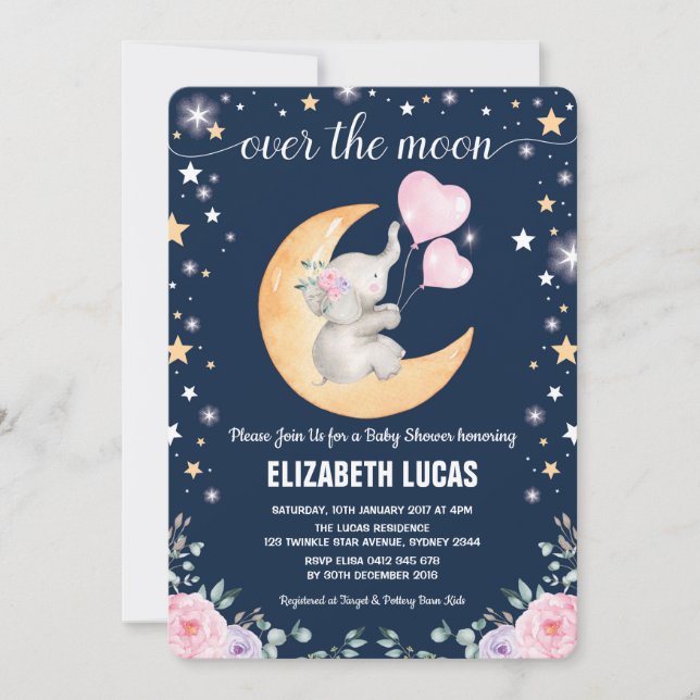 Moon Baby Shower / Girly Elephant Twinkle Star Invitation (Front)