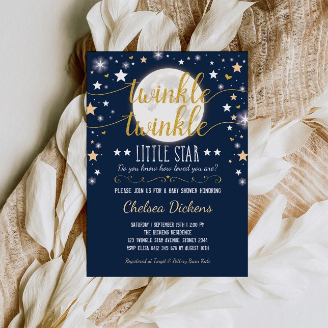 Moon Baby Shower Twinkle Little Star Navy Gold Invitation (Creator Uploaded)