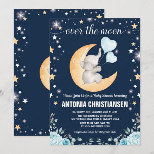 Moon Baby Shower / Twinkle Star Elephant Baby Boy Invitation