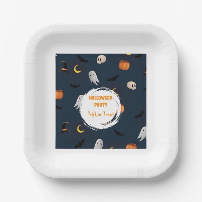 Moon Bat Dark Blue Halloween Party Cute Paper Plate (Front)