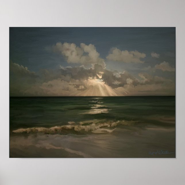 Moon behind clouds over ocean with waves canvas pr poster (Front)